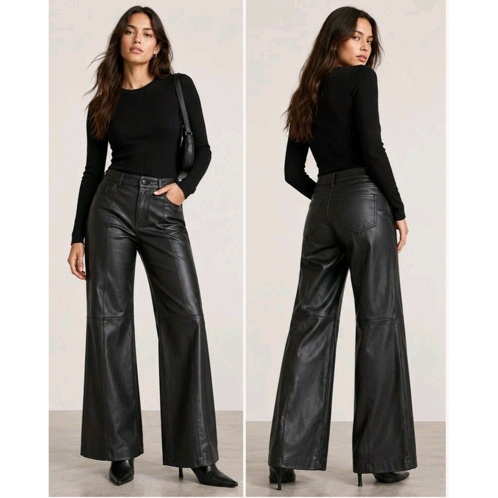 Mango MNG Black Faux Leather Wide Leg Pants US 10 EU 42 High Rise Trousers NWOT
